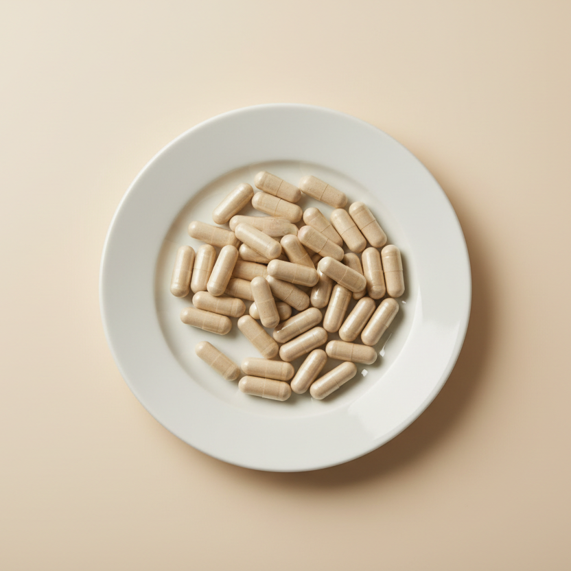 white plate of 60 beige capsules, on a plain beige background studio light